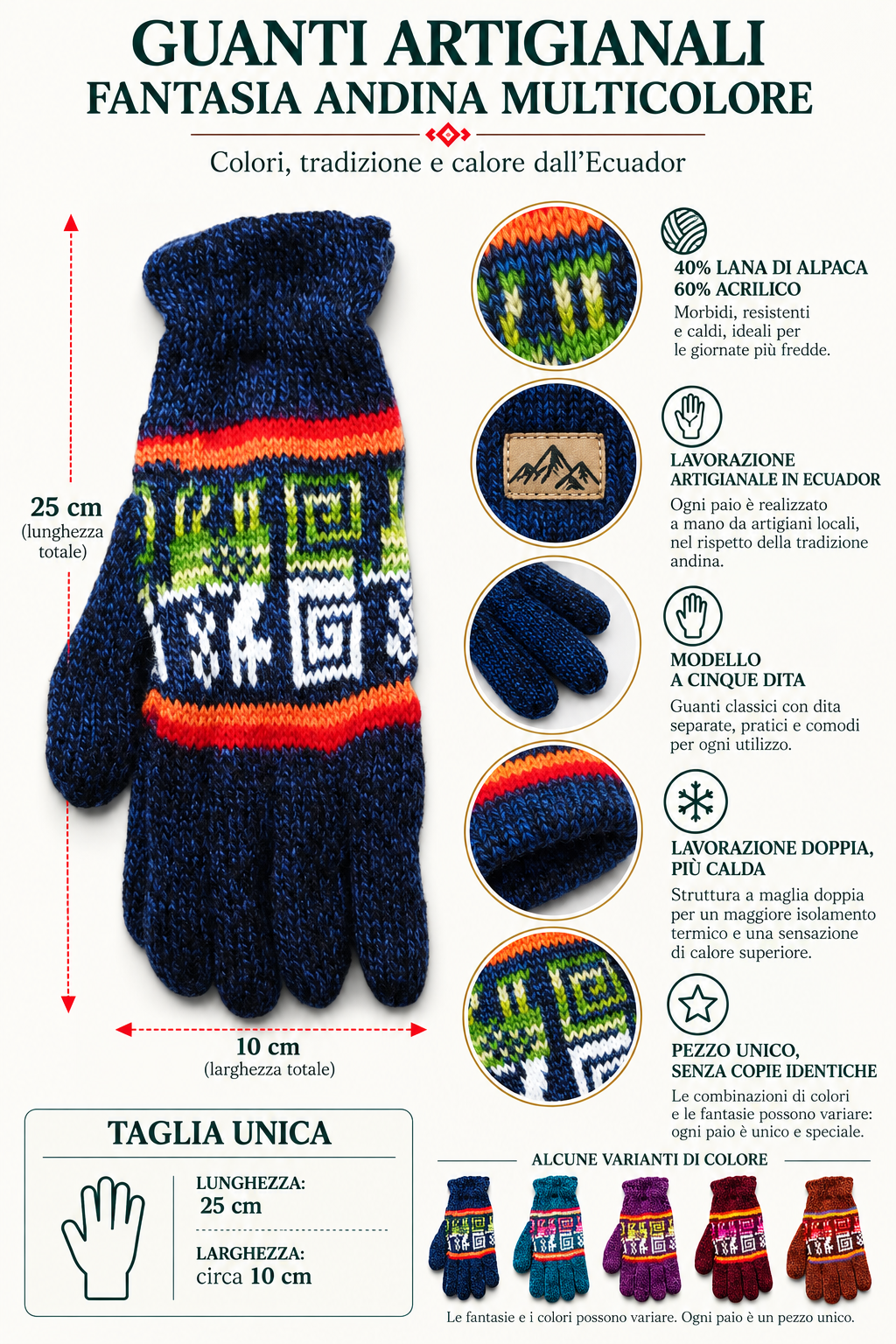 Guanti artigianali ecuadoriani in lana di alpaca – Fantasia andina multicolore